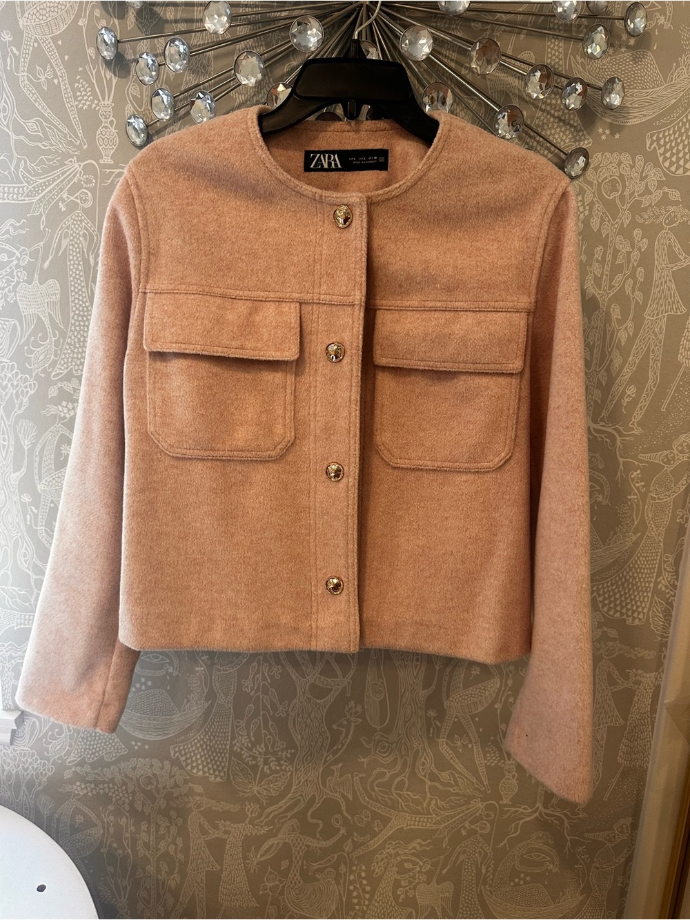 ZARA Blush Pink Cropped Wool-Blend Button Jacket